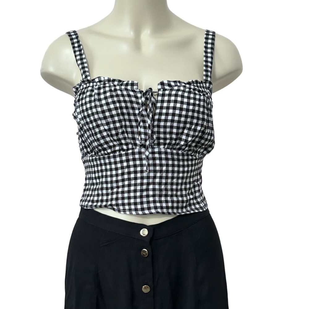 Hippie Rose Black & White Gingham Tie Front Smocked Waist Crop Top NWT Size M